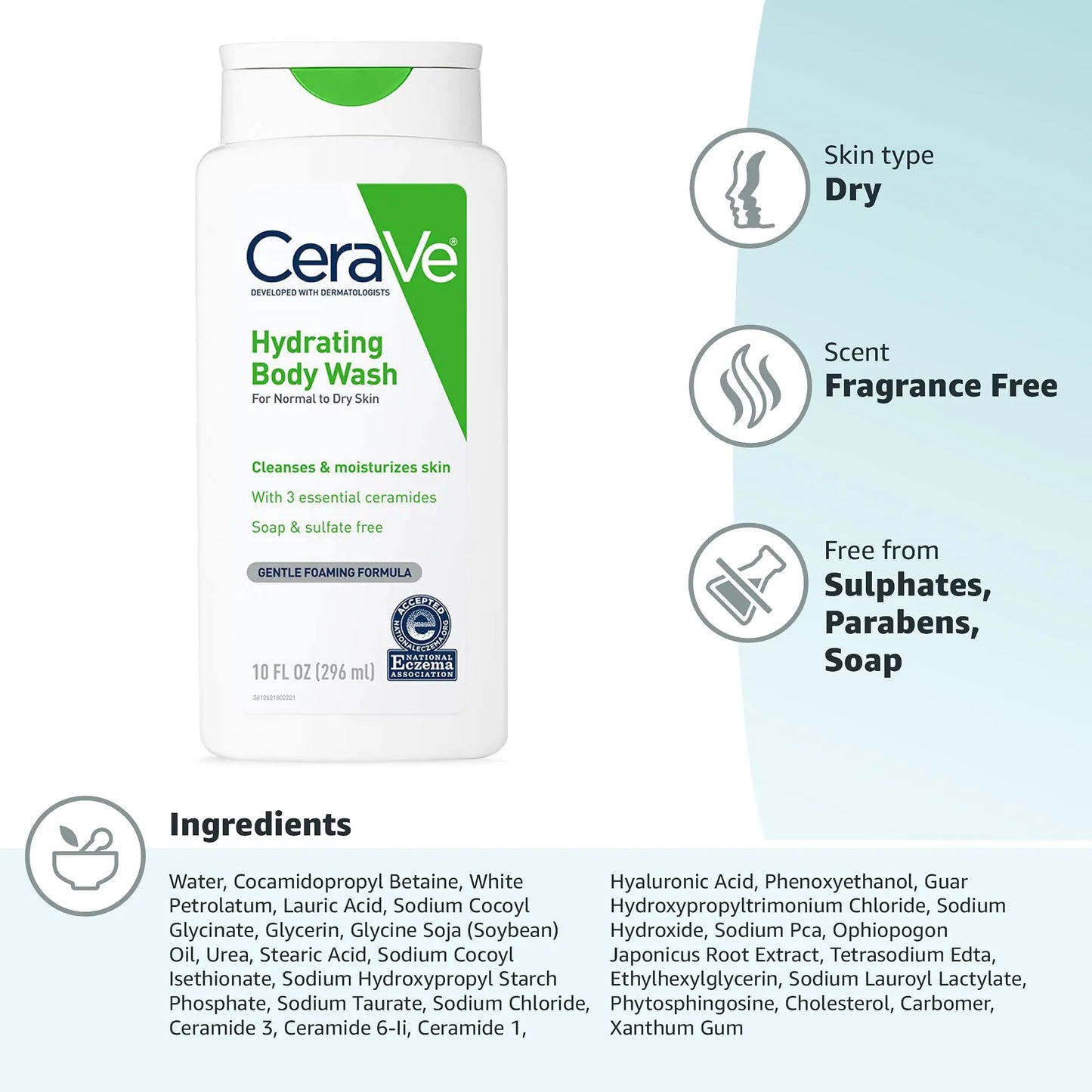 CeraVe Body Wash for Dry Skin | Moisturizing Body Wash with Hyaluronic Acid and Ceramides | Paraben, Sulfate & Fragrance Free | 10 Ounce