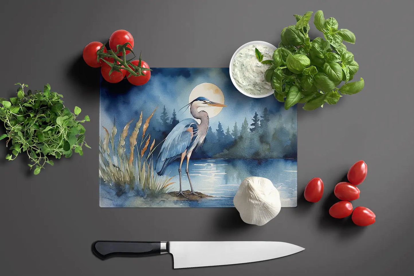 Blue Heron Under the Moonlight Glass Cutting Board