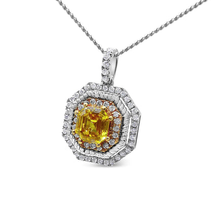 18K Weiß- und Gelbgold 2 1/4 Cttw Laborgezüchteter Gelber Asscher Schliff Diamant Art Deco Stil Halo 18" Anhänger Halskette (Gelb/G-H Farbe, VS1-VS2 Reinheit)