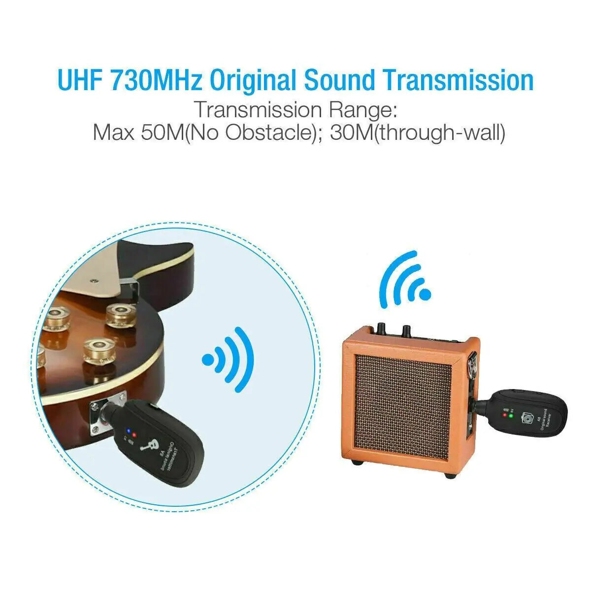 UHF Guitar Wireless System Transmitter+Receiver Built In Rechargeable Battery