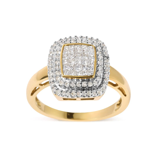 10K Yellow Gold 1/2 cttw Round and Princess Diamond Composite Head and Halo Ring (H-I Color, SI1-SI2 Clarity)