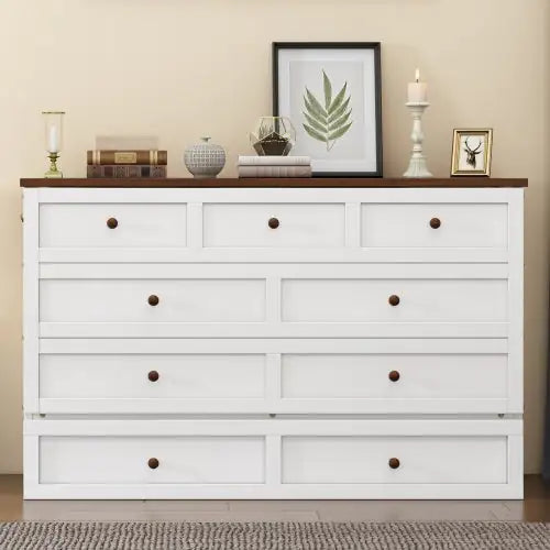 Solid Pine Murphy Bed Chest With Charging Station And Large Storage Drawer For Home Office Or Small Room , Queen, White Walnut