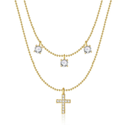 Cross Necklace for Women 14K Real Gold Silver Plated Dainty Small Cross Pendant Choker Simple Trendy Cute Cross Charm Chain Necklace Faith Jewelry Religious Minimalist Gift 2 Layered Bead+Diamond Cross-GD