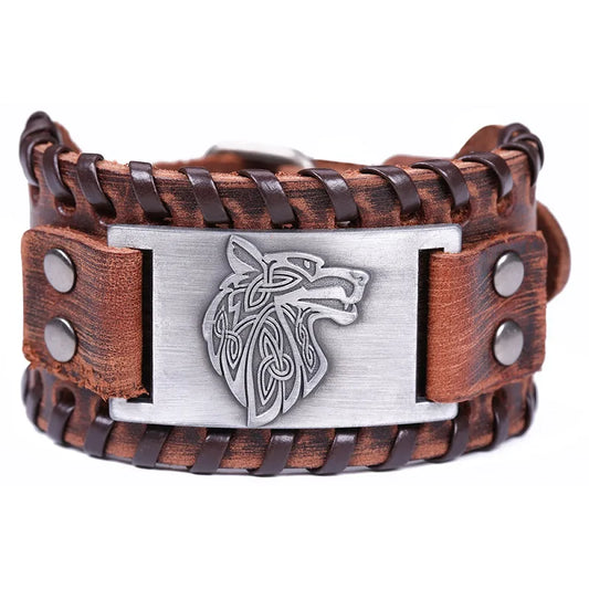 Vintage Wide Leather Woven Wolf Head Bracelet