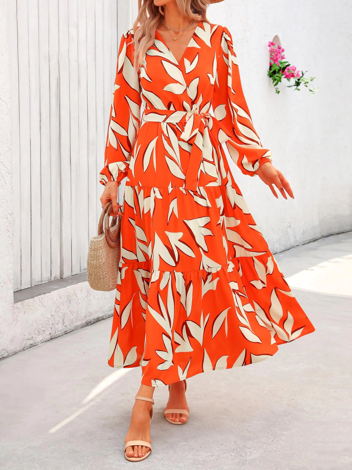 PRETTYGARDEN Womens Fall Long Sleeve Wrap V Neck Ruffle Floral Maxi Dress Casual Tie Waist Boho Chiffon Flowy Long Dresses XX-Large F-orange White