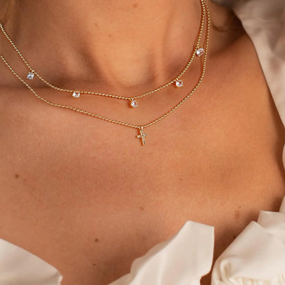 Cross Necklace for Women 14K Real Gold Silver Plated Dainty Small Cross Pendant Choker Simple Trendy Cute Cross Charm Chain Necklace Faith Jewelry Religious Minimalist Gift 2 Layered Bead+Diamond Cross-GD