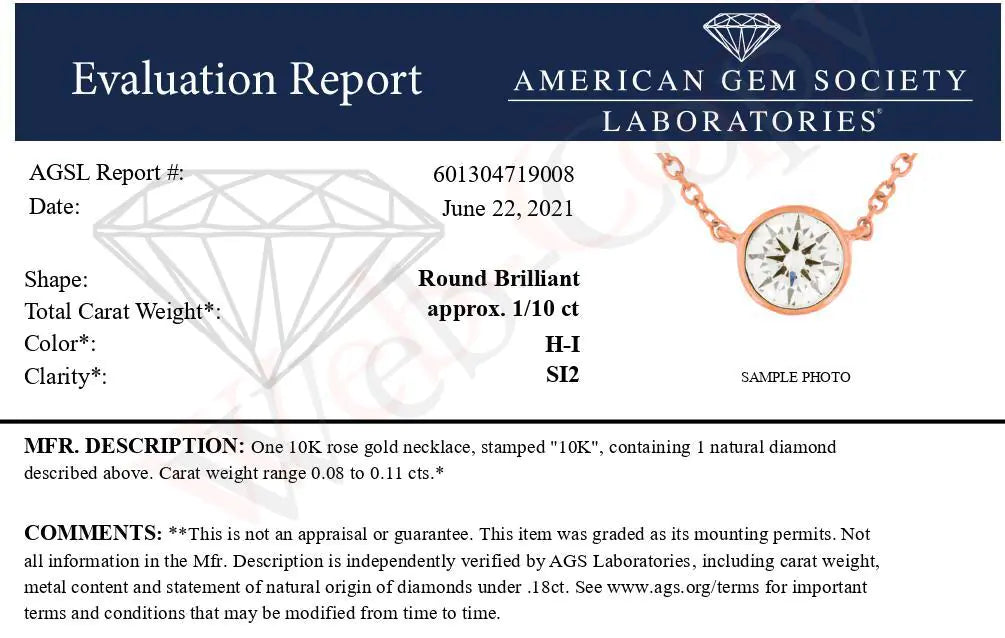 Colar com Pingente Solitário de Diamante Montado em Bisel de Ouro 10K Certificado pela AGS, Ajustável de 16 a 18 polegadas (Cor H-I, Clareza SI1-SI2)