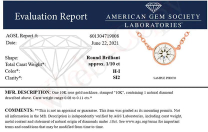 Colar com Pingente Solitário de Diamante Montado em Bisel de Ouro 10K Certificado pela AGS, Ajustável de 16 a 18 polegadas (Cor H-I, Clareza SI1-SI2)