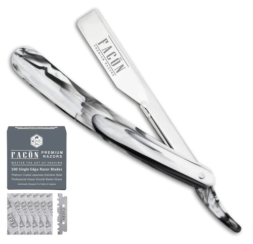 100 BLADES + Facón Professional Marble Straight Edge Barber Razor - Salon Quality Cut Throat Shavette The Crusader