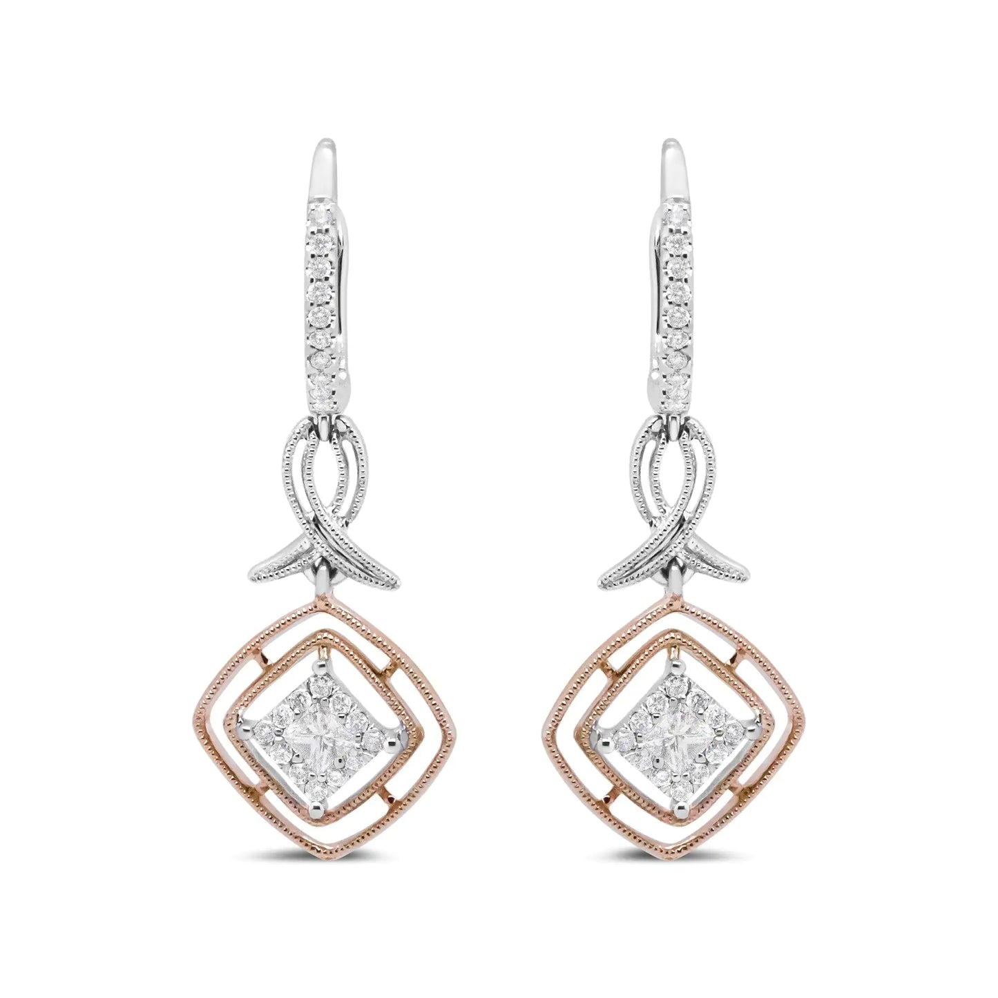 14K White and Rose Gold 1/2 Cttw Round and Princess-Cut Diamond Openwork Marquise Ribbon Dangle Earring (G-H Color, SI2-I1 Clarity)