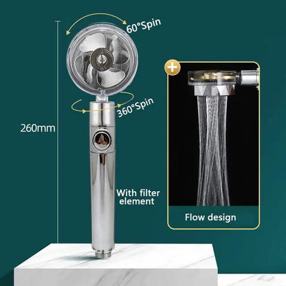 High Pressure Shower Head Adjustable 360° Rotation Turbine Water Saving Shower