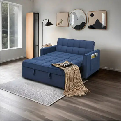 Stylish Blue Pull-Out Sofa Bed With Woven Polyester Fabric & Solid Wood Frame