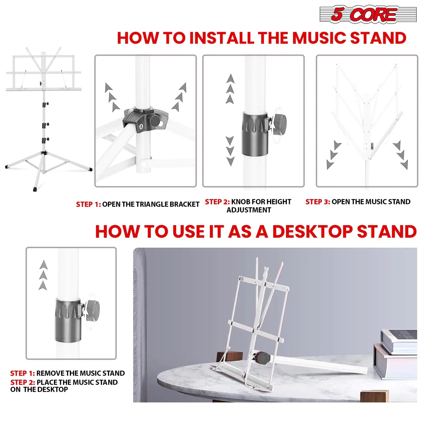 Suporte de Música 5Core para Partituras de Música Portátil com Tripé Ajustável e Dobrável, Suporte para Notas Mais Alto Branco