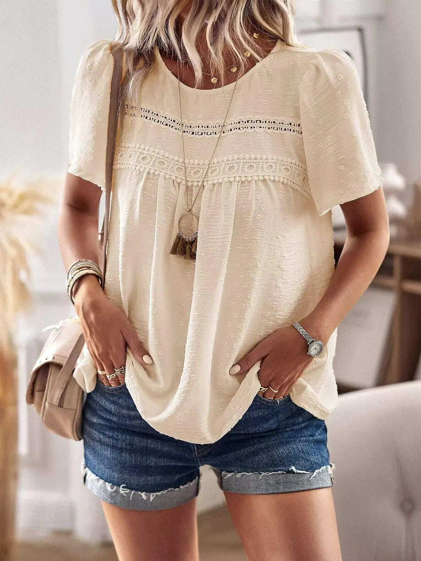 Womens Summer Tops Crewneck Short Sleeve Shirts Casual Chiffon Blouses Flowy Lace Hem Boho Clothing Trendy 2024 XX-Large Apricot