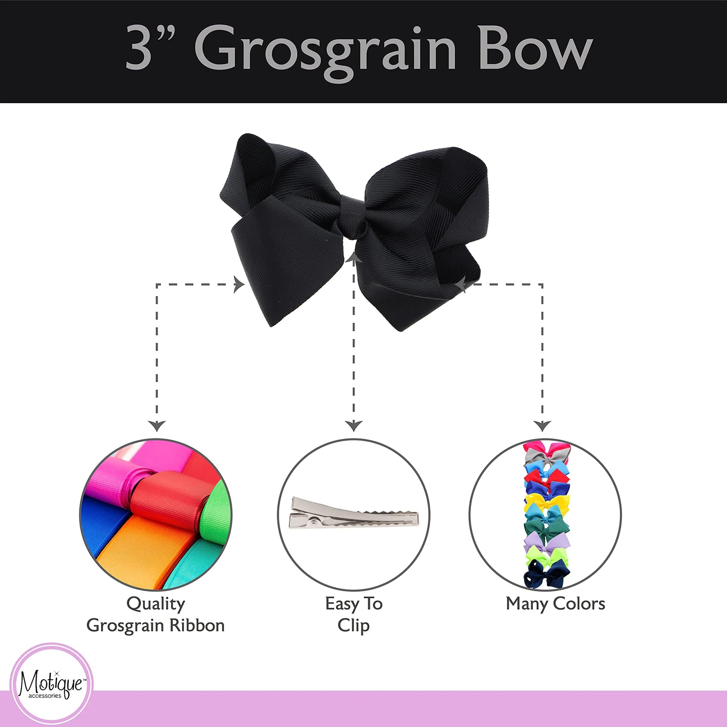 3 Inch Grosgrain Bow for Little Girls- Set of 2 (Black) Black