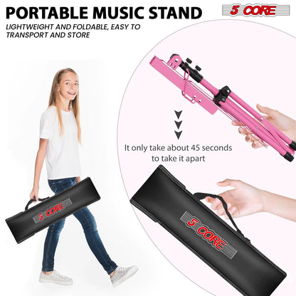 Suporte de Música 5Core para Partituras, Portátil, Tripé Ajustável, Dobrável, Porta-Notas, Rosa Intenso