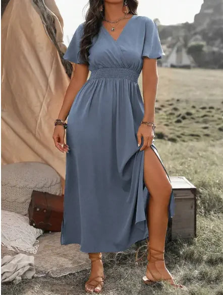 Solid Color And V-neck Bell Sleeve Elastic And Waisted Slimming Slit Long Dress