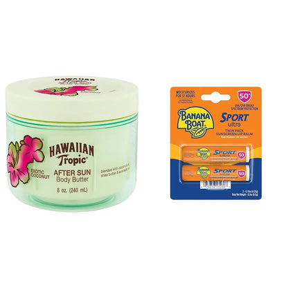 Hawaiian Tropic After Sun Body Butter with Coconut Oil, 8oz & Banana Boat Sport Ultra SPF 50 Lip Sunscreen Twin Pack | After Sun Lotion & Lip Balm Bundle 8 Fl Oz (Pack of 1) After Sun+ Lip Balm, SPF 50