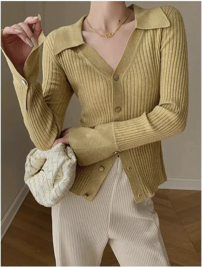 Stylish V-Neck Solid Color Knitted Cardigan