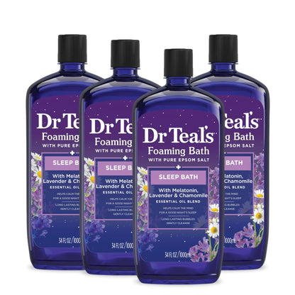 Dr Teal's Foaming Bath with Pure Epsom Salt, Sleep Blend with Melatonin, Lavender & Chamomile Essential Oils, 34 Fl Oz (Pack of 4) (Packaging May Vary)