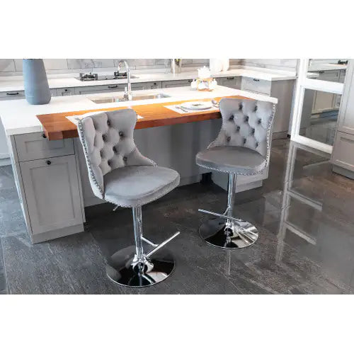 Swivel Velvet Barstools Adjusatble Seat Height From 25-33 Inch Gray Set Of 2