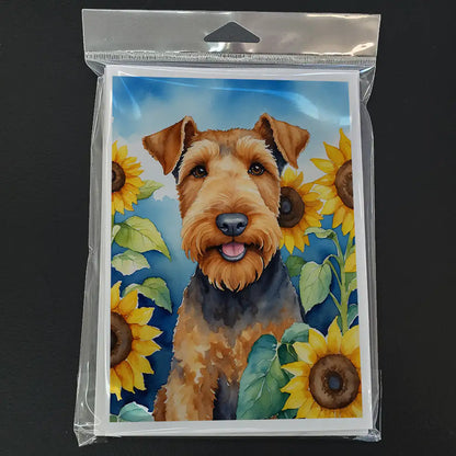 Airedale Terrier in Sunflowers Greeting Cards Pack of 8