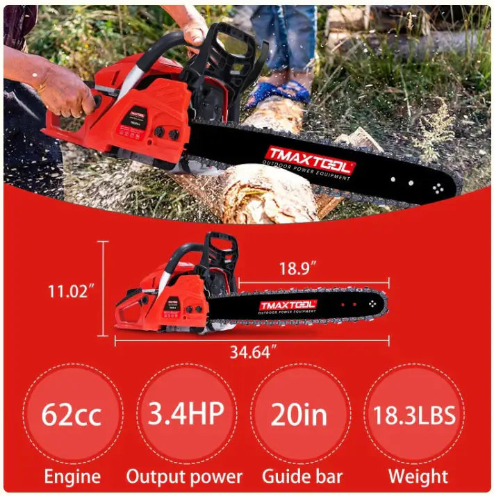 TMAXTOOL 62cc Powerful 20 Inch Gas Chainsaw With 2 Stroke - Perfect For Pruning, Limbing, And Sawmill Operations-Red