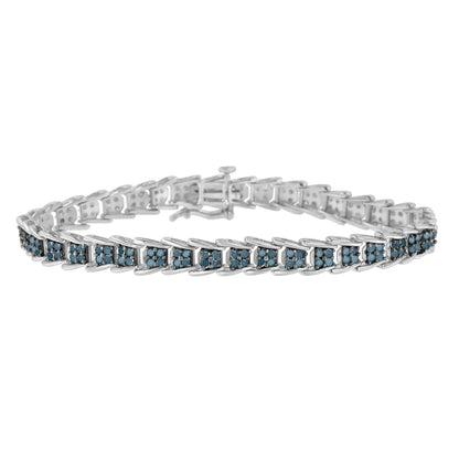 Pulsera de Tenis de 7'' en Plata de Ley .925 con 2 Quilates de Diamantes Azules Tratados en Forma de Abanico de Eslabones Anidados (Color Azul, Claridad I3) - Tamaño 7