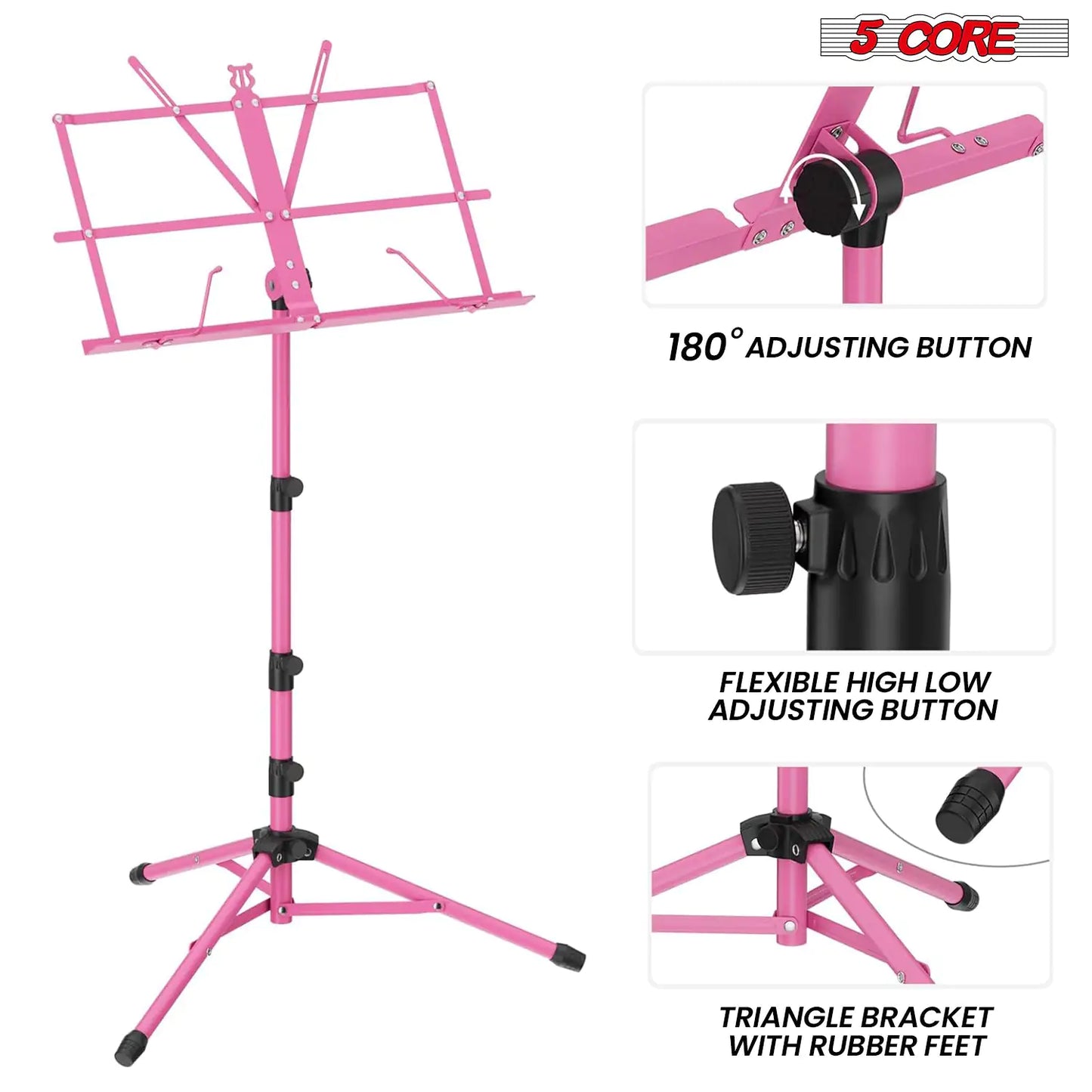 Suporte de Música 5Core para Partituras, Portátil, Tripé Ajustável, Dobrável, com Porta-Partituras e Luz, Rosa