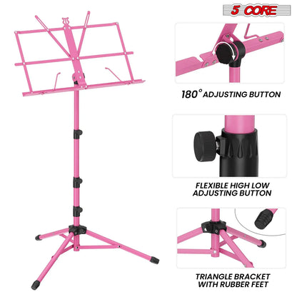 Suporte de Música 5Core para Partituras, Portátil, Tripé Ajustável, Dobrável, com Porta-Partituras e Luz, Rosa