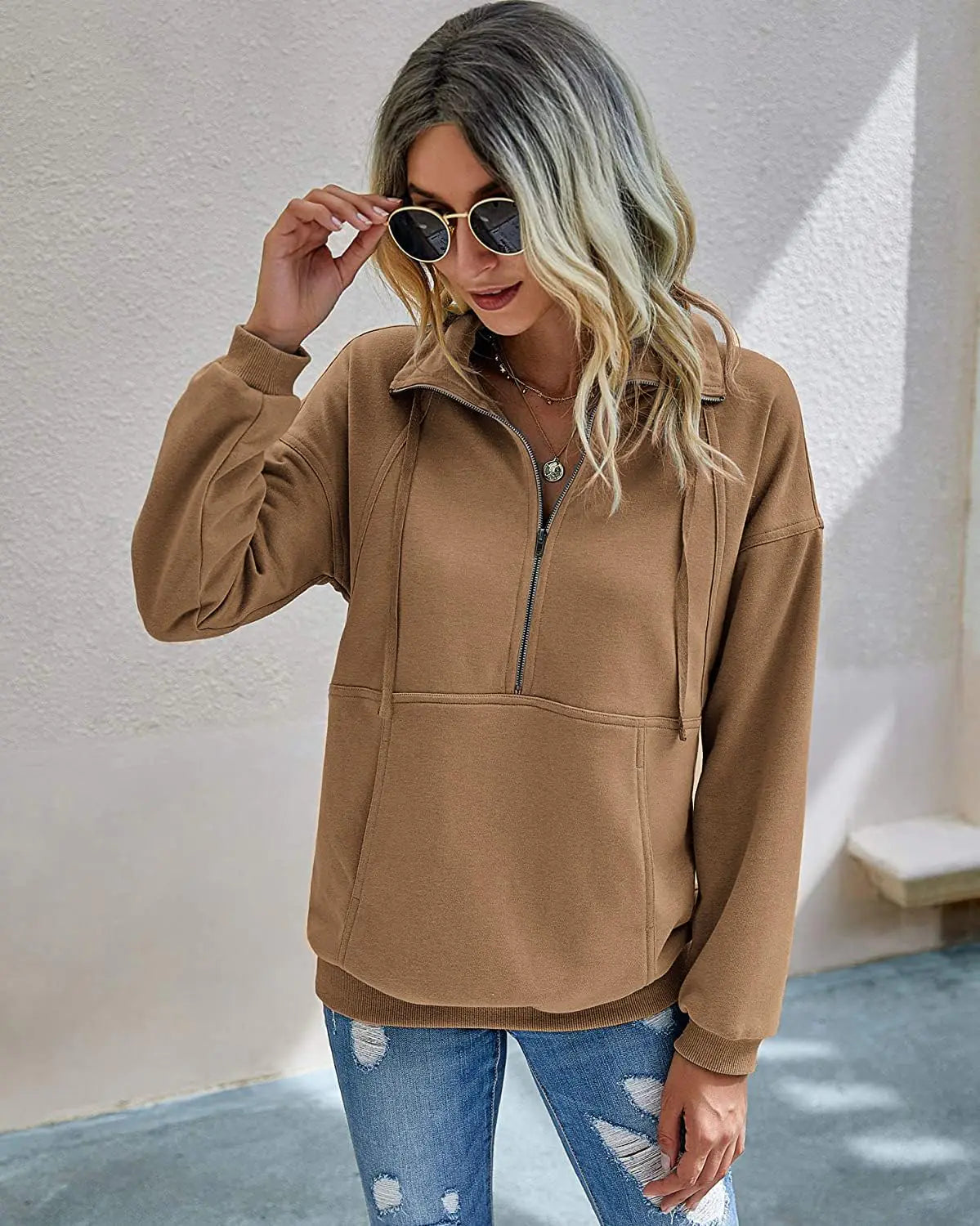 PRETTYGARDEN Women's Casual Long Sleeve Lapel Zipper Sweatshirt Drawstring Loose Pullover Tops Coffee X-Large