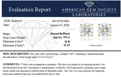 AGS Certified 0.40 Cttw Round Brilliant-Cut Diamond 14K Yellow Gold Classic 4-Prong Solitaire Stud Earrings (L-M Color, I1-I2 Clarity)