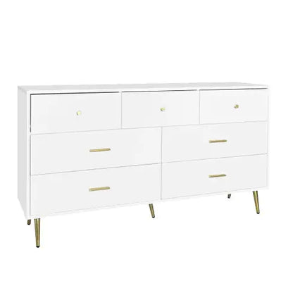 Seven Drawers Large Chest Of Drawer Cabinet With Golden Handle And Golden Legs White Color