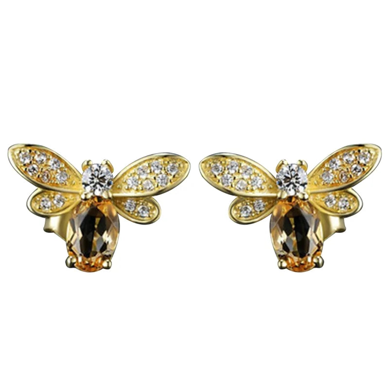 Amber Crystal Earrings with Bee CZ Wings