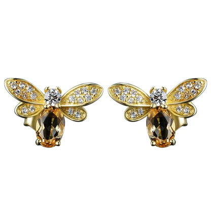 Amber Crystal Earrings with Bee CZ Wings