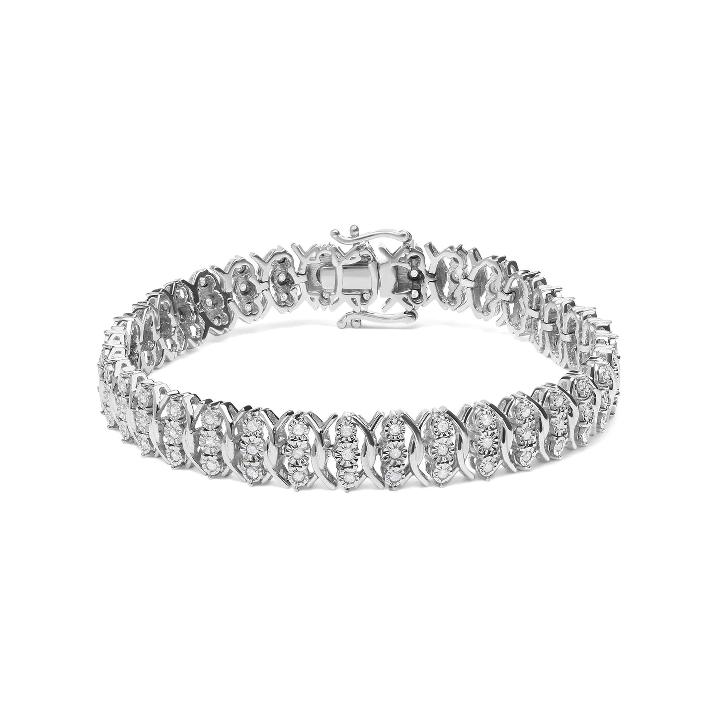 .925 Sterling Silber 1,0 Karat Wunder-Set Diamant 3-Reihen Wellen-Link Armband (I-J Farbe, I2-I3 Reinheit) - 18,42 cm