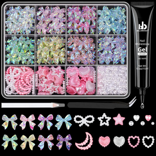 600 Pcs 3D Nail Charms and Flatback Pearls #10, 6 Colors Bow + Pink&White Star Heart Moon Cute Charms + 2-6mm White Pearls for Nail Art Design with Nail Charm Glue(UV Needed) and Pickup Tools Set 11- 8 Colors with Glue