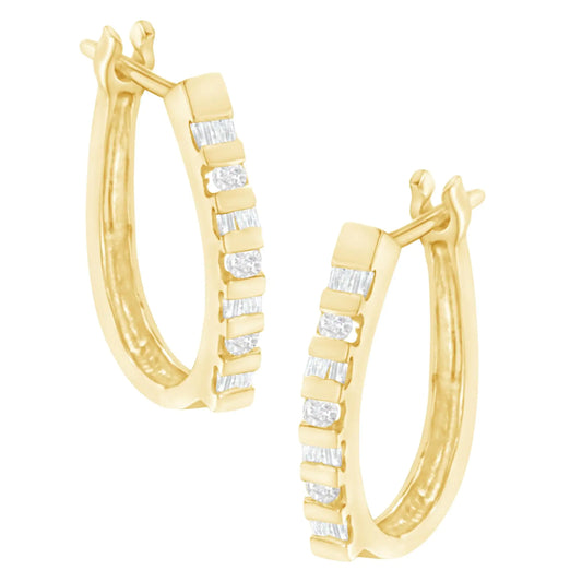 10K Yellow Gold Round and Baguette Cut Diamond Oblong Hinged Leverback Hoop Earrings (¼ Cttw, I-J Color, I2-I3 Clarity)