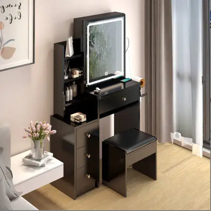 Small Space Left Bedside Cabinet Vanity Table Cushioned Stool, Power Station, Hair Dryer Bracket