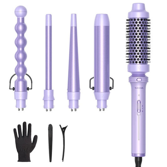 Wavytalk 5 in 1 Curling Iron,Curling Wand Set with Curling Brush and 4 Interchangeable Ceramic Curling Wand(0.5”-1.25”),Instant Heat Up,Include Heat Protective Glove & 2 Clips (Purple) Curling Wand （0.5"-1.25" ） Purple Lavender