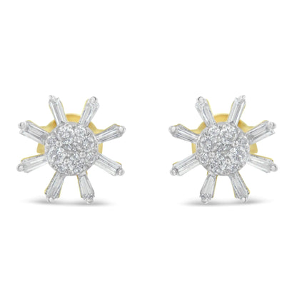 Boucles d'oreilles clous en or jaune 10k avec diamants ronds et baguettes (0,50 ct, couleur H-I, clarté I2-I3)