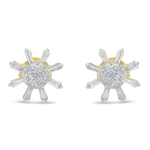 Boucles d'oreilles clous en or jaune 10k avec diamants ronds et baguettes (0,50 ct, couleur H-I, clarté I2-I3)