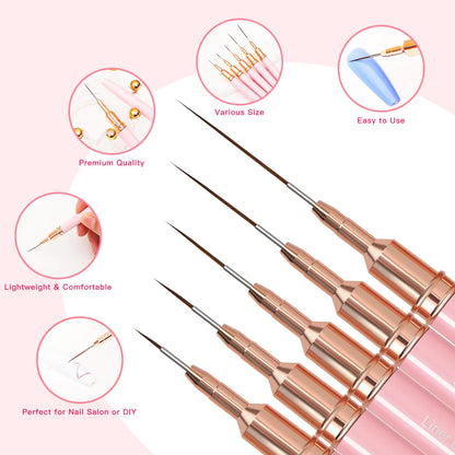 Nail Art Liner Brushes, 5Pcs Painting Nail Art Brush Set Nail Dotting Drawing Tool for Long Lines, Thin Details, Fine Drawing Sizes 4/8/12/20/25mm(Pink) Pink