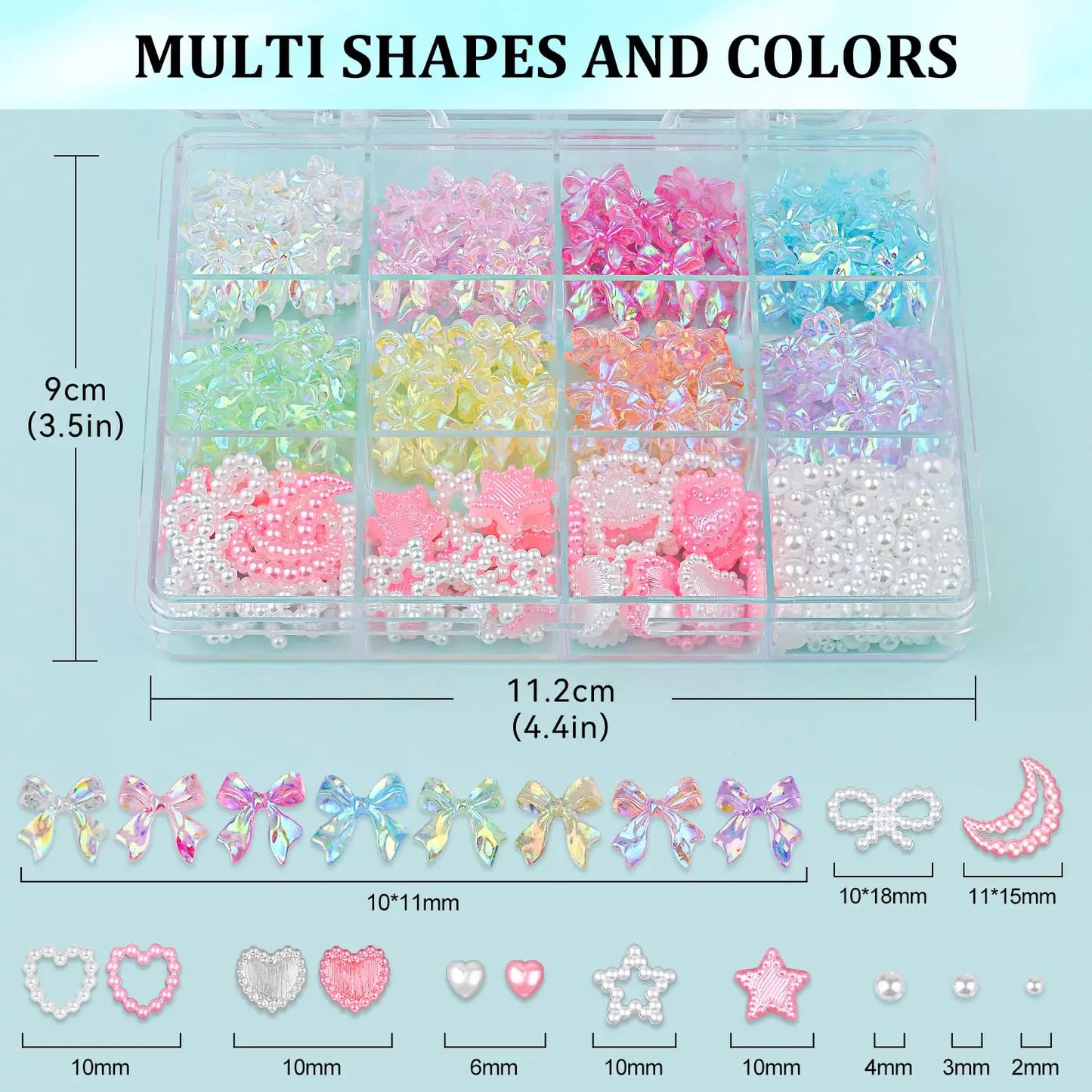 600 Pcs 3D Nail Charms and Flatback Pearls #10, 6 Colors Bow + Pink&White Star Heart Moon Cute Charms + 2-6mm White Pearls for Nail Art Design with Nail Charm Glue(UV Needed) and Pickup Tools Set 11- 8 Colors with Glue