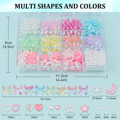 600 Pcs 3D Nail Charms and Flatback Pearls #10, 6 Colors Bow + Pink&White Star Heart Moon Cute Charms + 2-6mm White Pearls for Nail Art Design with Nail Charm Glue(UV Needed) and Pickup Tools Set 11- 8 Colors with Glue