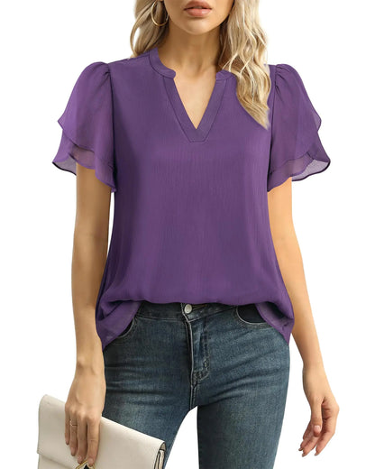 Lotusmile Womens Dressy Chiffon Blouses Summer Puff Petal Short Sleeve Shirts V Neck Casual Work Tops Medium Purple