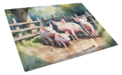 Piglets in the Mud Glass Cutting Board