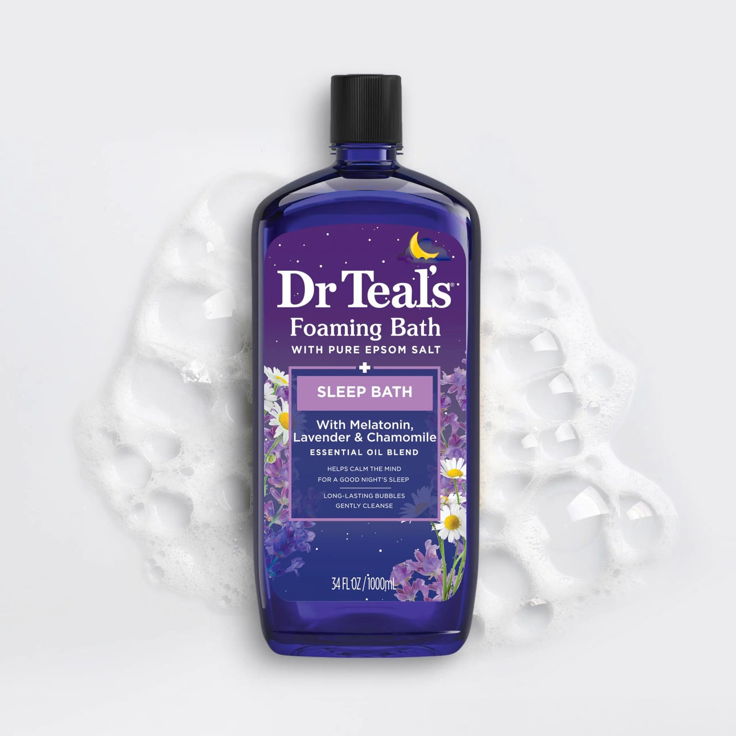 Dr Teal's Foaming Bath with Pure Epsom Salt, Sleep Blend with Melatonin, Lavender & Chamomile Essential Oils, 34 Fl Oz (Pack of 4) (Packaging May Vary)