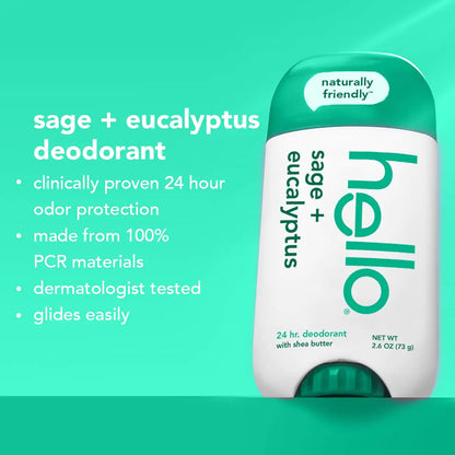 hello White Sage + Eucalyptus Deodorant With Shea Butter for Women + Men, Aluminum Free, Baking Soda Free, Parabens Free, 24 Hour Odor Protection, 2.6 Ounce, 2 Pack Sage & Eucalyptus 2.6 Ounce (Pack of 2)