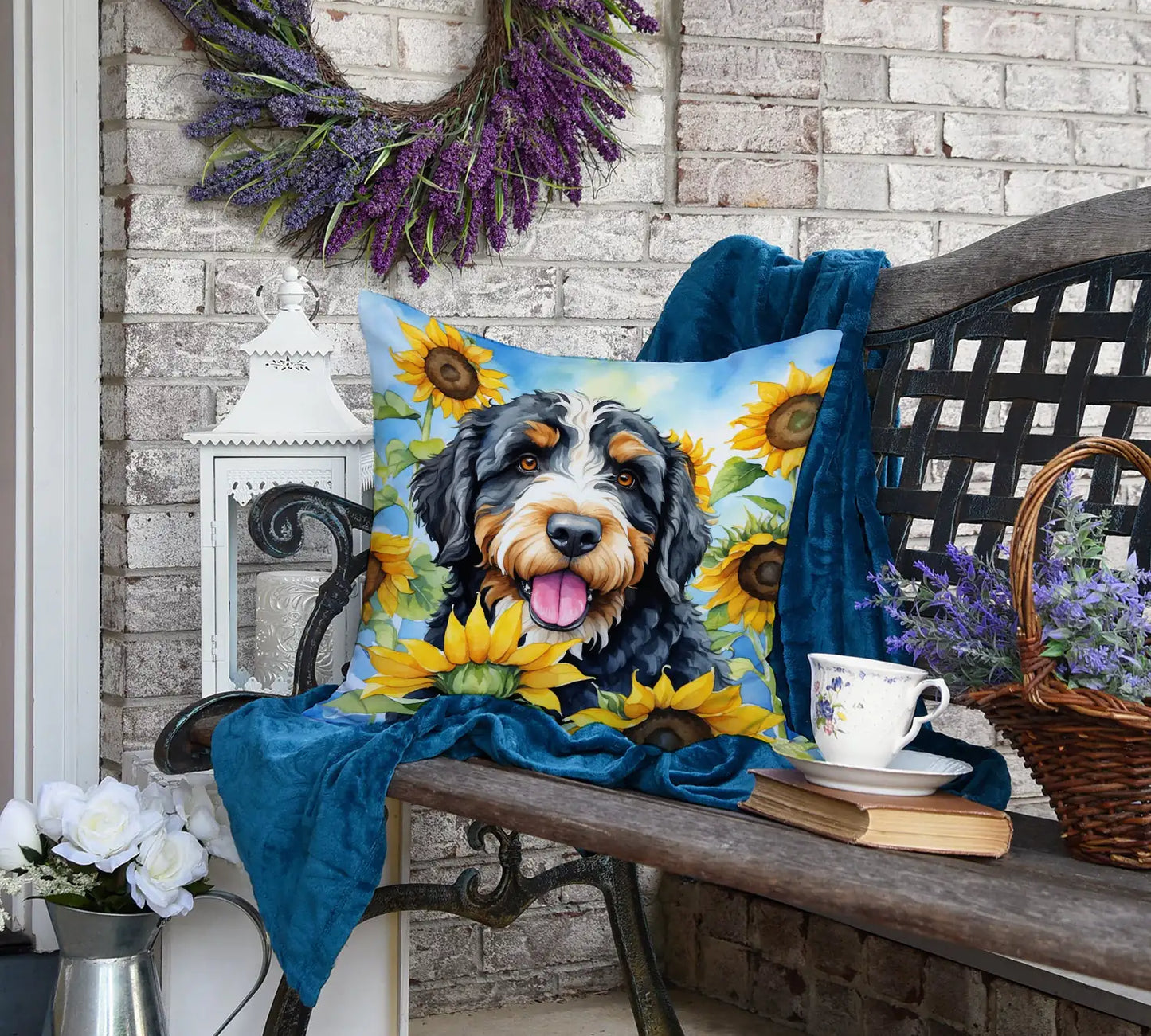 Bernedoodle in Sunflowers Throw Pillow